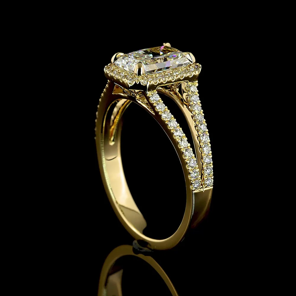 14K Yellow Gold Radiant Cut Lab Diamond Split Shank Halo Ring - 3.01 Carat Center with 0.60 Carat Accent Diamonds, Total 3.61 Carats, GIA Certified - Covaloro Fine Jewelry - Image 2