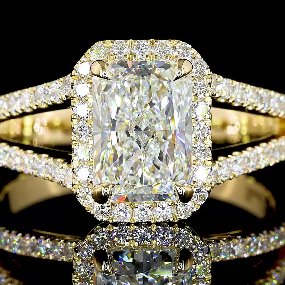 14K Yellow Gold Radiant Cut Lab Diamond Split Shank Halo Ring - 3.01 Carat Center with 0.60 Carat Accent Diamonds, Total 3.61 Carats, GIA Certified - Covaloro Fine Jewelry - Image 3