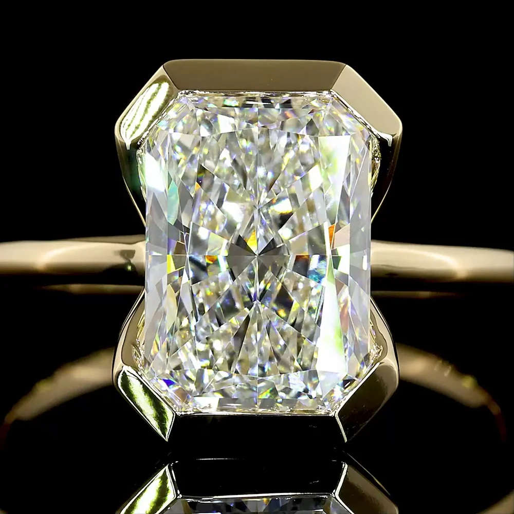 14K Yellow Gold Radiant Cut Solitaire Ring with Half Bezel Setting and 3.02 Carat E VVS2 Lab Diamond - Covaloro Fine Jewelry - Image 2