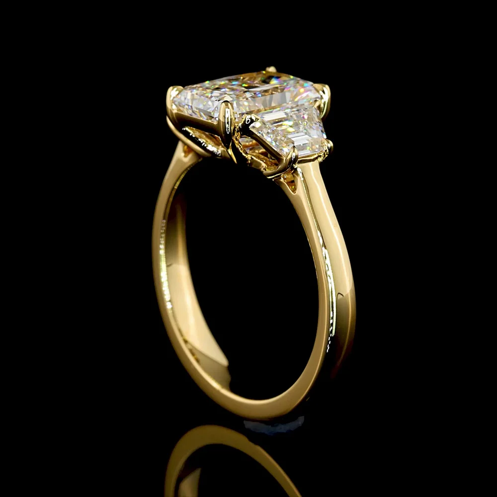 14K Yellow Gold Radiant Cut Three Stone Ring with 1.60 Carats D VVS2 Center Diamond and 0.63 Carats Trapezoid Side Stones - 2.23 Carats Total Diamond Weight - Covaloro Fine Jewelry - Image 3