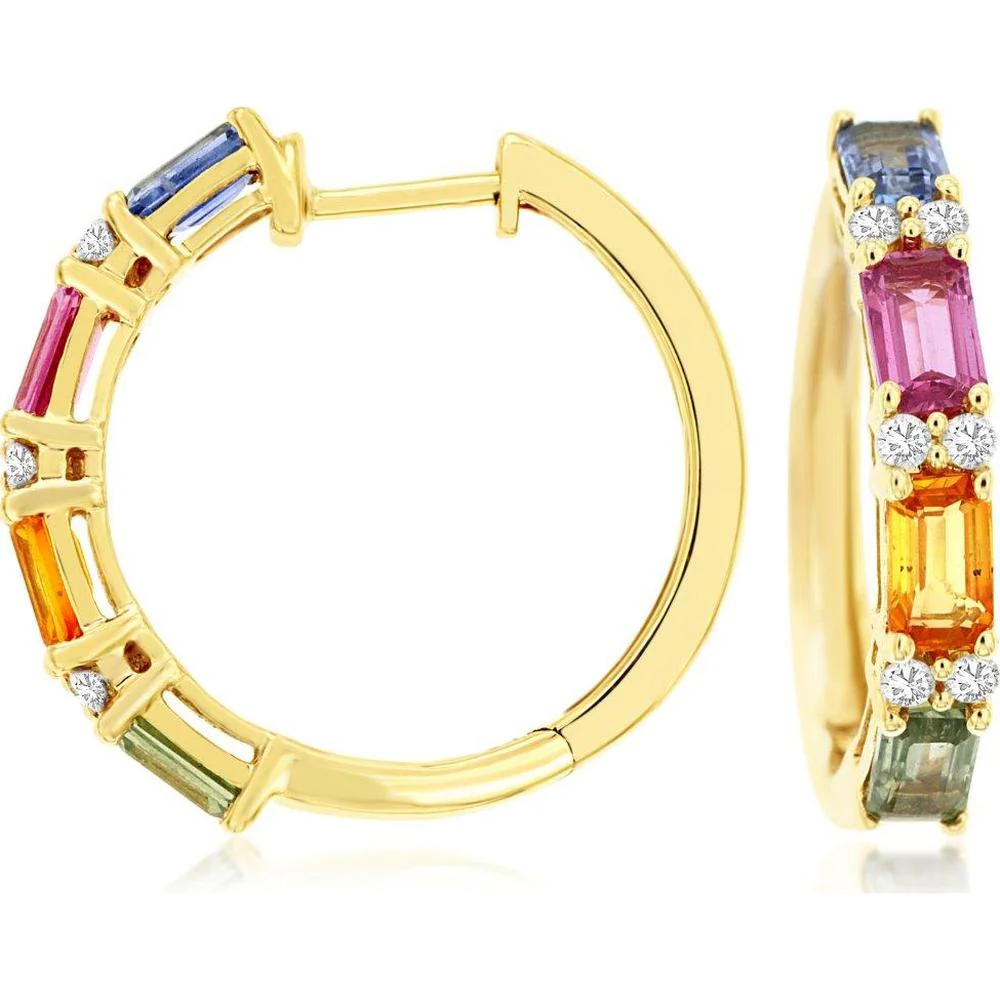 14K Yellow Gold Rainbow Baguette Sapphire Huggie Hoop Earrings with Diamond Accents - 2.80 Carat Total Sapphire Weight, 0.20 Carat Total Diamond Weight - Royal Jewelry