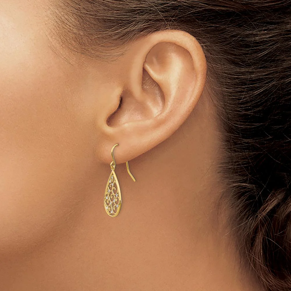 14K Yellow Gold Rhodium Polished Teardrop Earrings with Filigree Design - 29mm Length by Oro Pregiato - Image 3