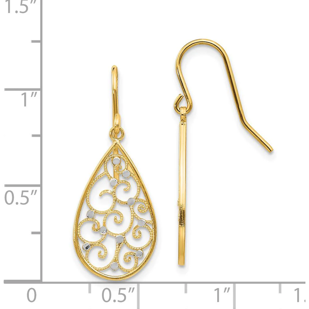 14K Yellow Gold Rhodium Polished Teardrop Earrings with Filigree Design - 29mm Length by Oro Pregiato - Image 4