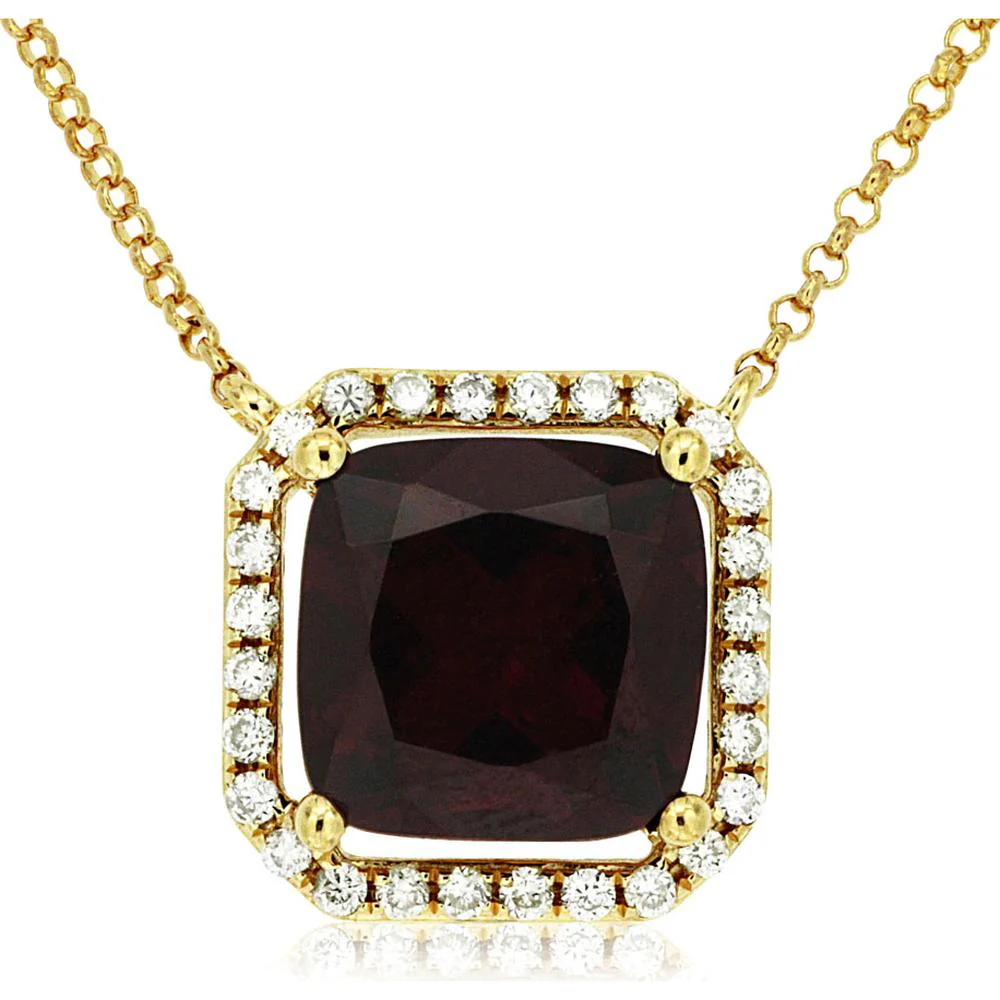 14K Yellow Gold Rhodolite & Diamond Cushion Cut Pendant - 2.65 Carats Rhodolite & 0.14 Carats Diamond Total Weight - Royal Jewelry