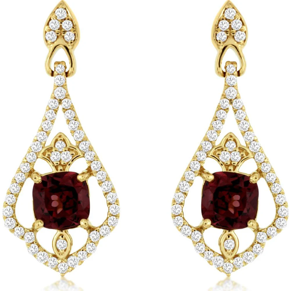 14K Yellow Gold Rhodolite & Diamond Drop Earrings with Cushion Cut Rhodolite - 1.40 Carats Total Diamond Weight - Royal Jewelry