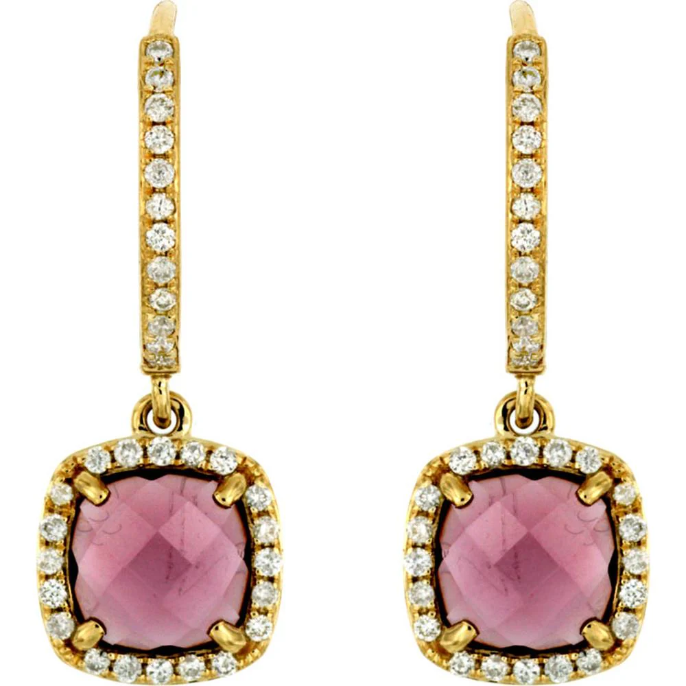 14K Yellow Gold Rhodolite & Diamond Halo Drop Earrings - 0.25 Carat Total Diamond Weight, 2.40 Carat Total Rhodolite Weight - Royal Jewelry