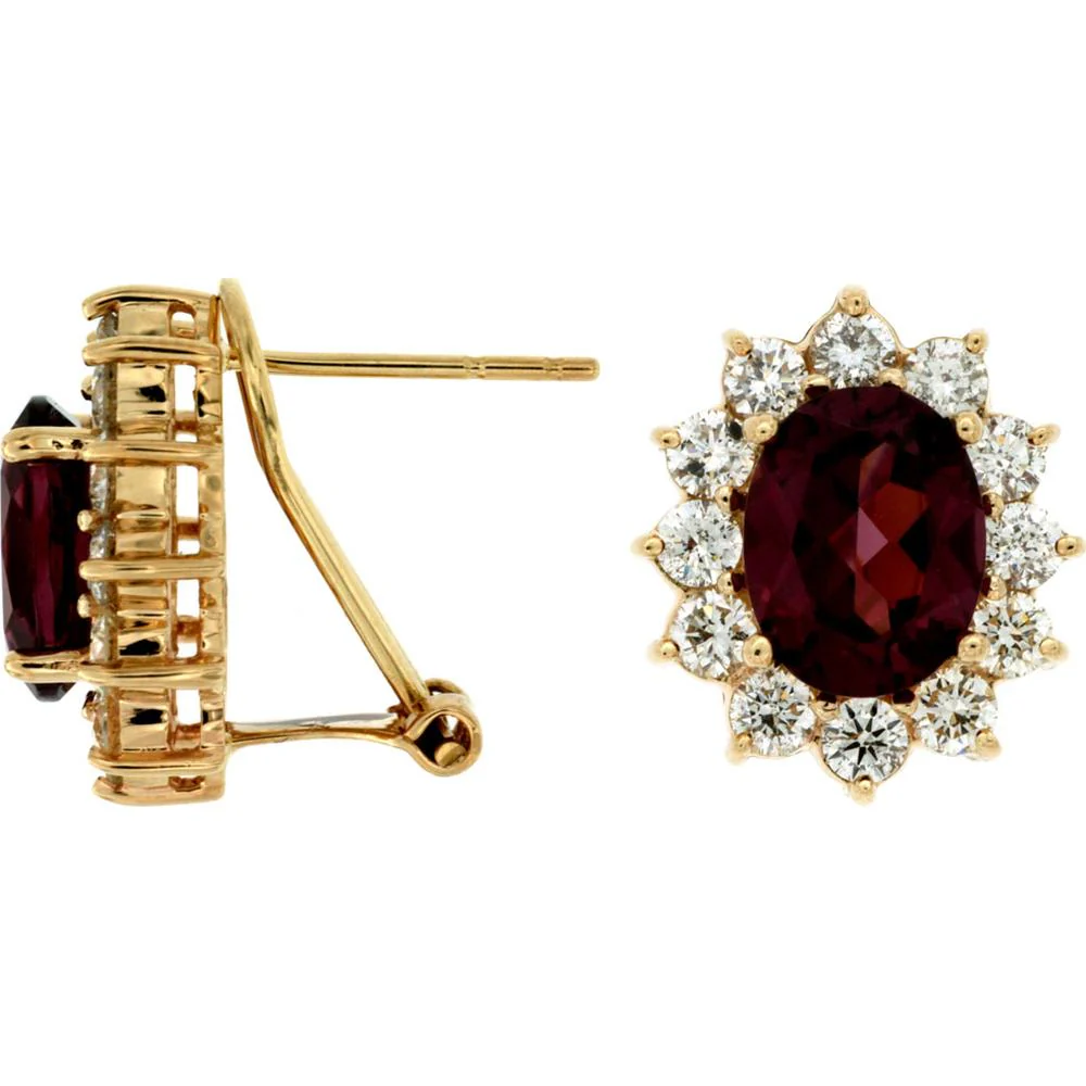 14K Yellow Gold Rhodolite & Diamond Halo Earrings - 4.60 Carats Total Diamond Weight, 3.40 Carats Total Rhodolite Weight - Royal Jewelry