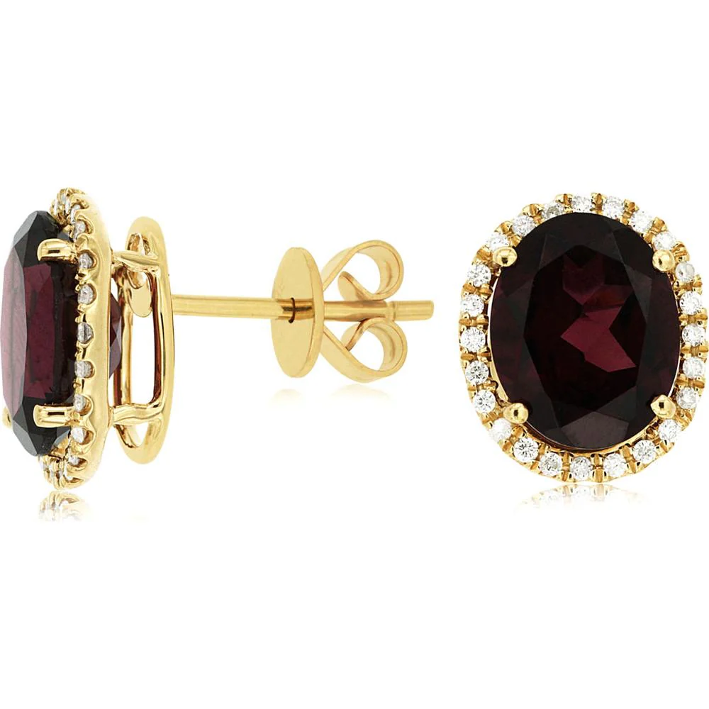 14K Yellow Gold Rhodolite & Diamond Oval Halo Earrings - 6.00 Carats Total Rhodolite Weight, 0.35 Carats Total Diamond Weight - Royal Jewelry
