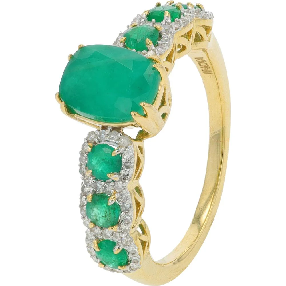14K Yellow Gold Ring with Cushion - Cut Emerald and Halo Diamond Accents - 1.20 - 1.40 Carat Total Emerald Weight, 0.20 Carat Total Diamond Weight