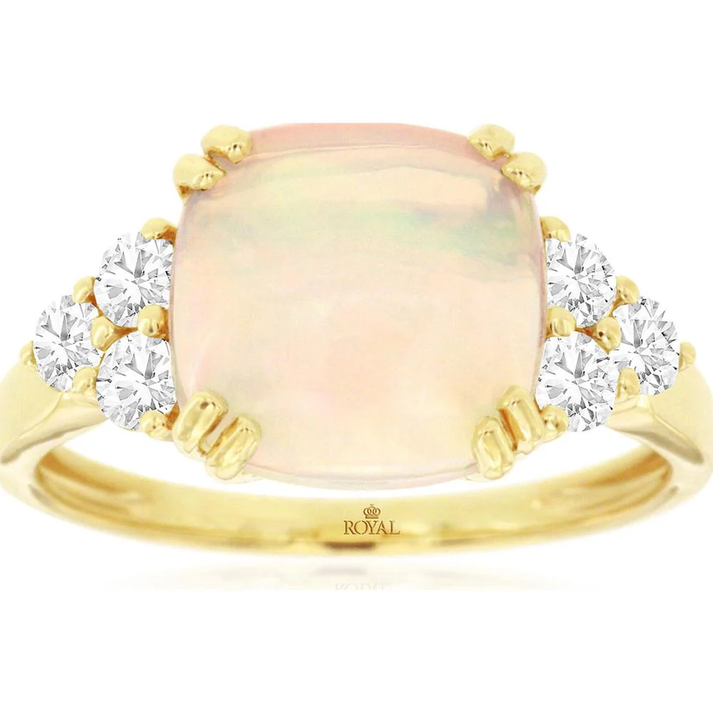 14K Yellow Gold Ring with Cushion Cut Opal and Round Diamond Accents - 2.60 Carat Opal and 0.45 Carat Total Diamond Weight - Royal Jewelry
