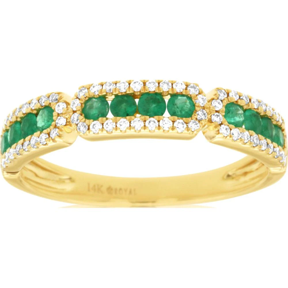 14K Yellow Gold Ring with Multiple Round Emeralds and Diamond Accents - 0.32 Carat Total Emerald Weight and 0.20 Carat Total Diamond Weight - Royal Jewelry