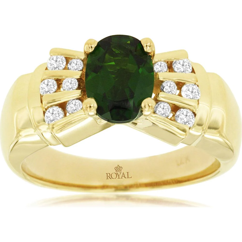 14K Yellow Gold Ring with Oval Green Russalite and Round Diamond Accents - 1.30 Carat Russalite, 0.24 Carat Total Diamond Weight - Royal Jewelry