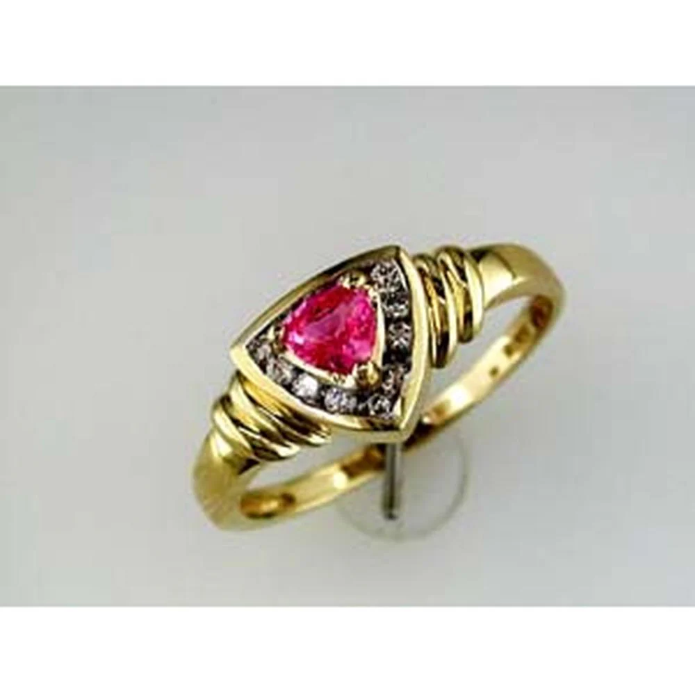 14K Yellow Gold Ring with Trillion Cut Pink Sapphire and Round Diamond Accents - .35 Carat Pink Sapphire, .12 Carat Total Diamond Weight - Royal Jewelry