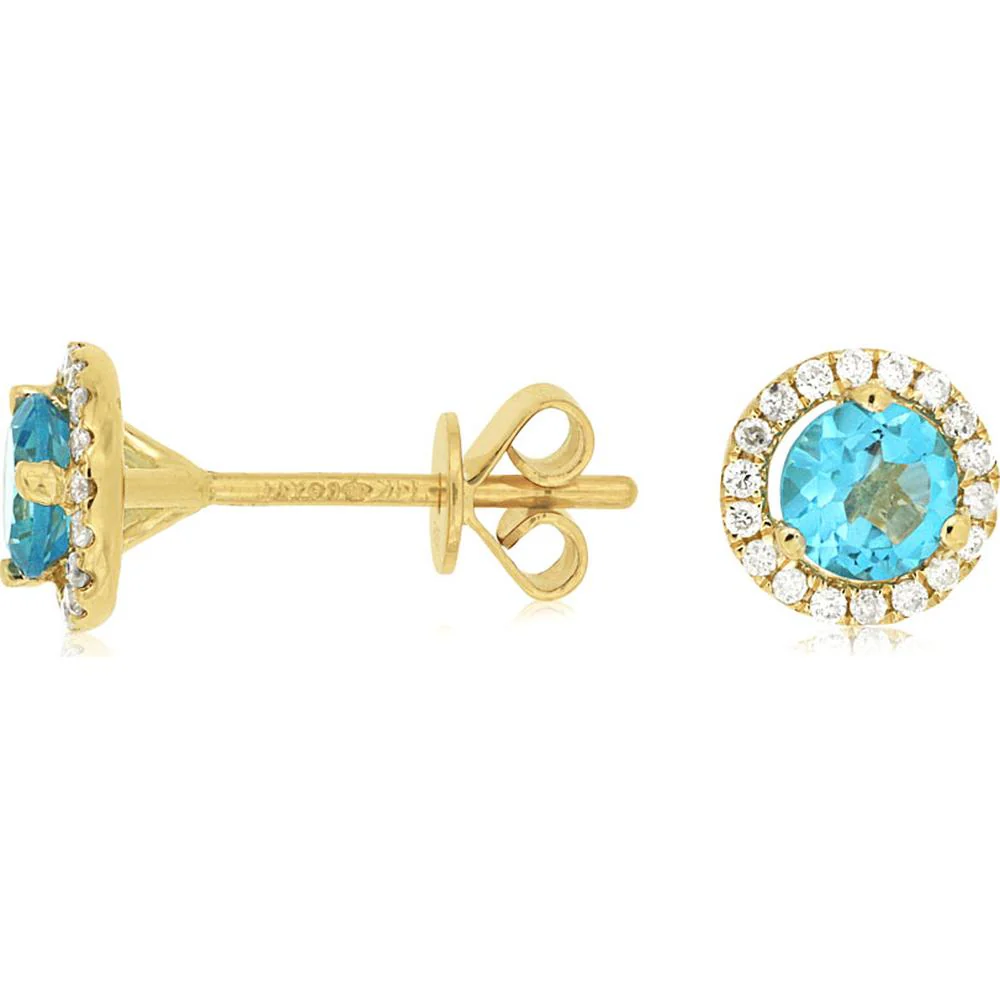 14K Yellow Gold Round Blue Topaz and Diamond Halo Stud Earrings - 0.85 Carat Total Blue Topaz Weight & 0.14 Carat Total Diamond Weight - Royal Jewelry