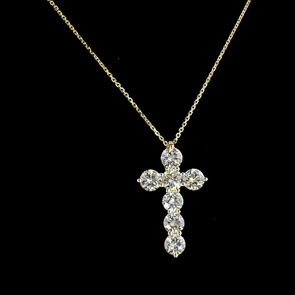 14K Yellow Gold Round Brilliant Cut Lab Diamond Cross Pendant - 3.59 Carat Total Weight, E-F Color VS1 Clarity - Covaloro Fine Jewelry
