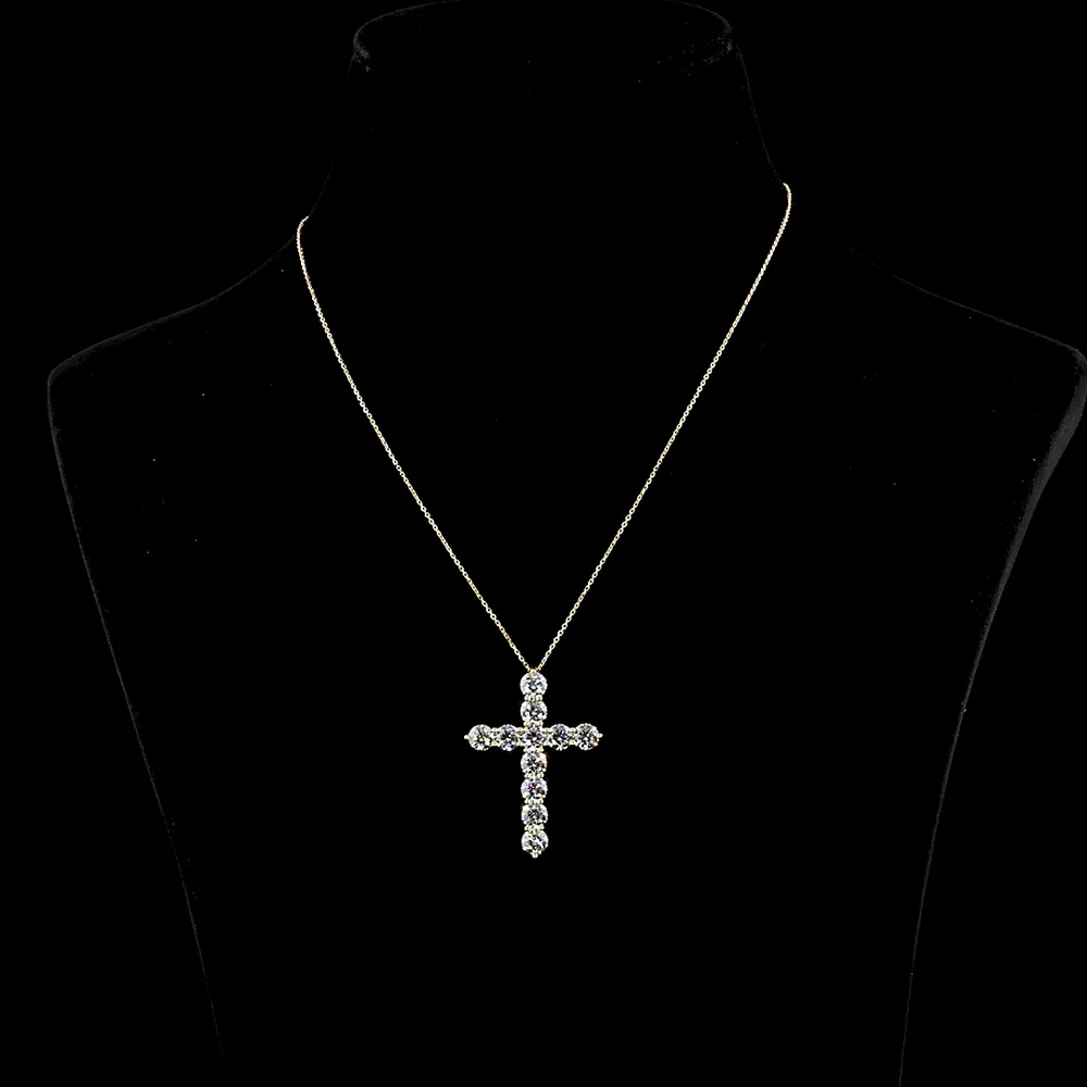 14K Yellow Gold Round Brilliant Cut Lab Diamond Cross Pendant with Prong Setting - 5.35 Carat Total Diamond Weight - Covaloro Fine Jewelry