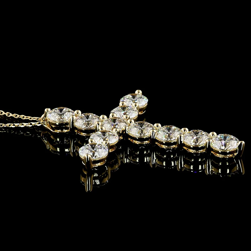 14K Yellow Gold Round Brilliant Cut Lab Diamond Cross Pendant with Prong Setting - 5.35 Carat Total Diamond Weight - Covaloro Fine Jewelry - Image 2