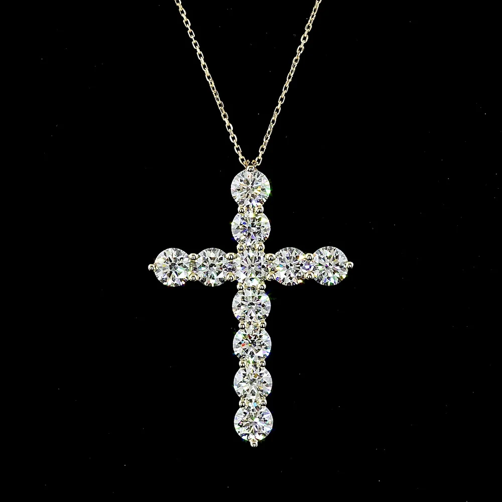 14K Yellow Gold Round Brilliant Cut Lab Diamond Cross Pendant with Prong Setting - 5.35 Carat Total Diamond Weight - Covaloro Fine Jewelry - Image 3