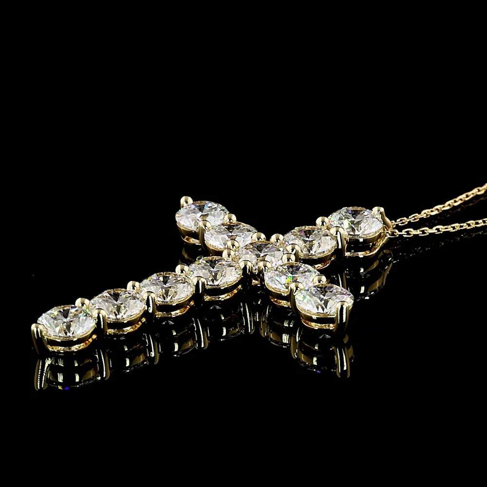14K Yellow Gold Round Brilliant Cut Lab Diamond Cross Pendant with Prong Setting - 5.35 Carat Total Diamond Weight - Covaloro Fine Jewelry - Image 4