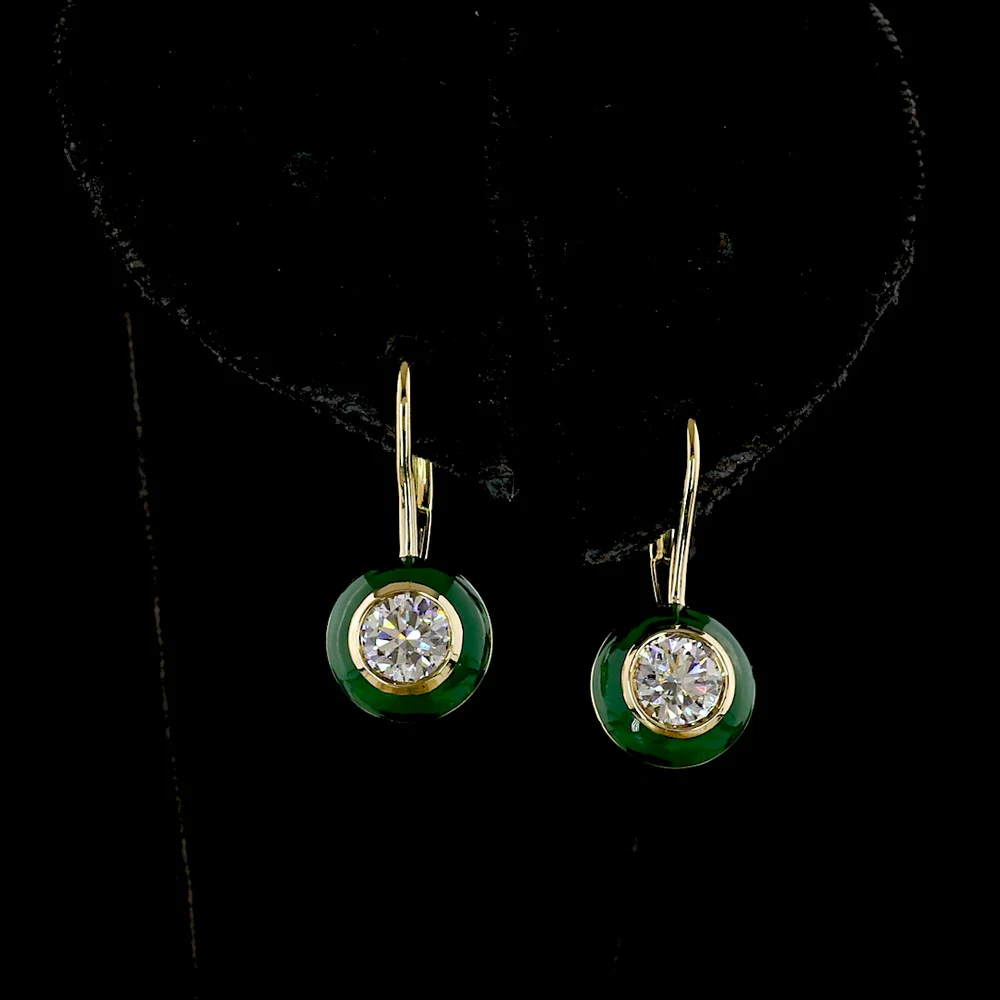 14K Yellow Gold Round Brilliant Cut Lab Diamond Halo Hanging Earrings with Bezel Setting and Green Enamel Accents - 1.01 Carat Total Diamond Weight - Covaloro Fine Jewelry