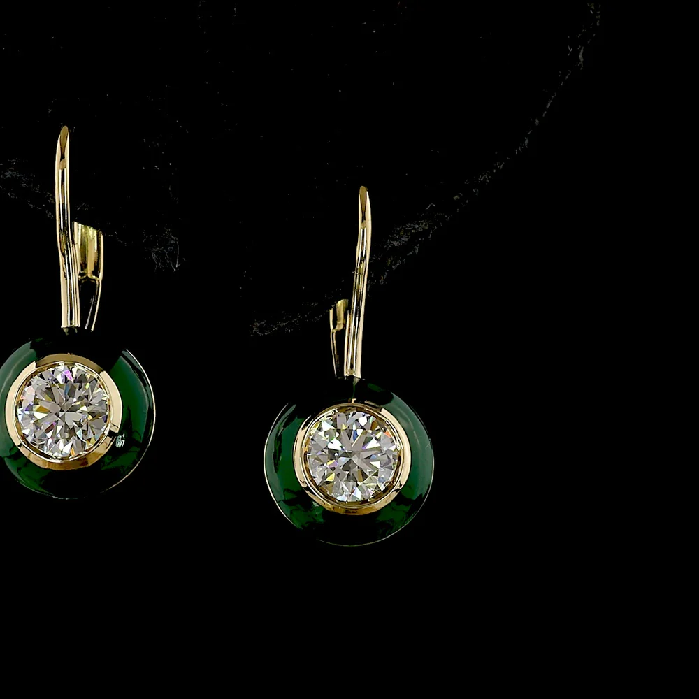 14K Yellow Gold Round Brilliant Cut Lab Diamond Halo Hanging Earrings with Bezel Setting and Green Enamel Accents - 1.01 Carat Total Diamond Weight - Covaloro Fine Jewelry - Image 2