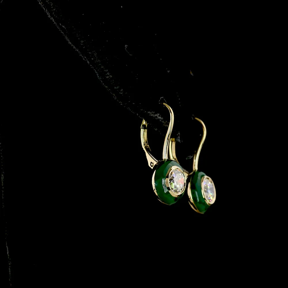 14K Yellow Gold Round Brilliant Cut Lab Diamond Halo Hanging Earrings with Bezel Setting and Green Enamel Accents - 1.01 Carat Total Diamond Weight - Covaloro Fine Jewelry - Image 3