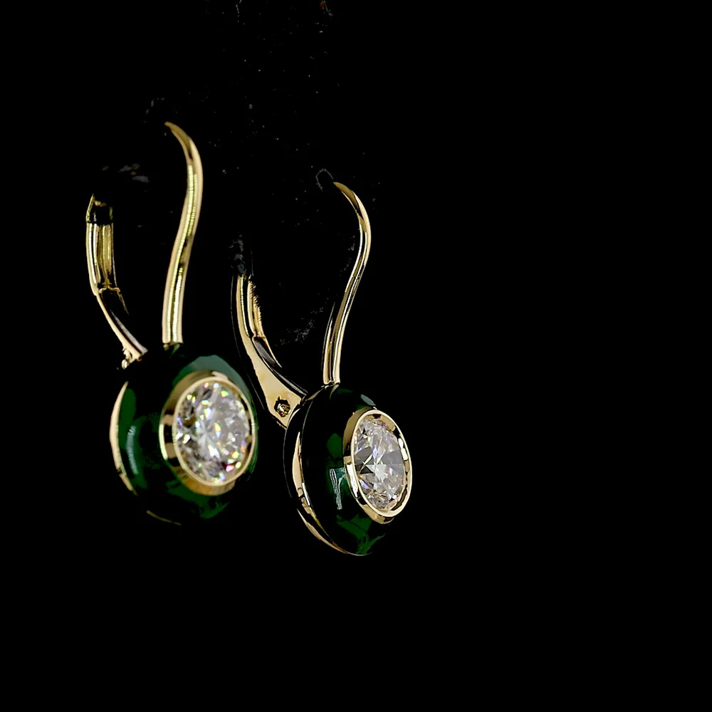 14K Yellow Gold Round Brilliant Cut Lab Diamond Halo Hanging Earrings with Bezel Setting and Green Enamel Accents - 1.01 Carat Total Diamond Weight - Covaloro Fine Jewelry - Image 4