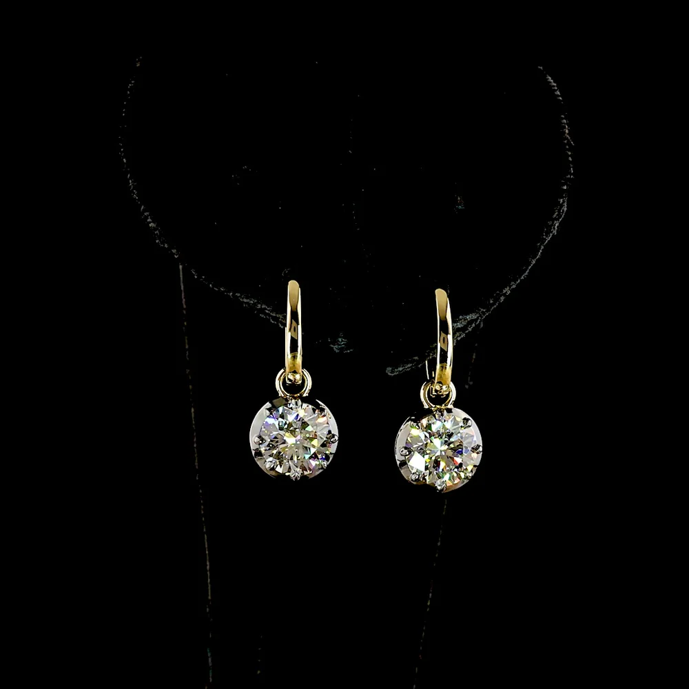 14K Yellow Gold Round Brilliant Lab Diamond Hanging Earrings with Black Rhodium Accents - 3.07 Carat Total Weight - Covaloro Fine Jewelry