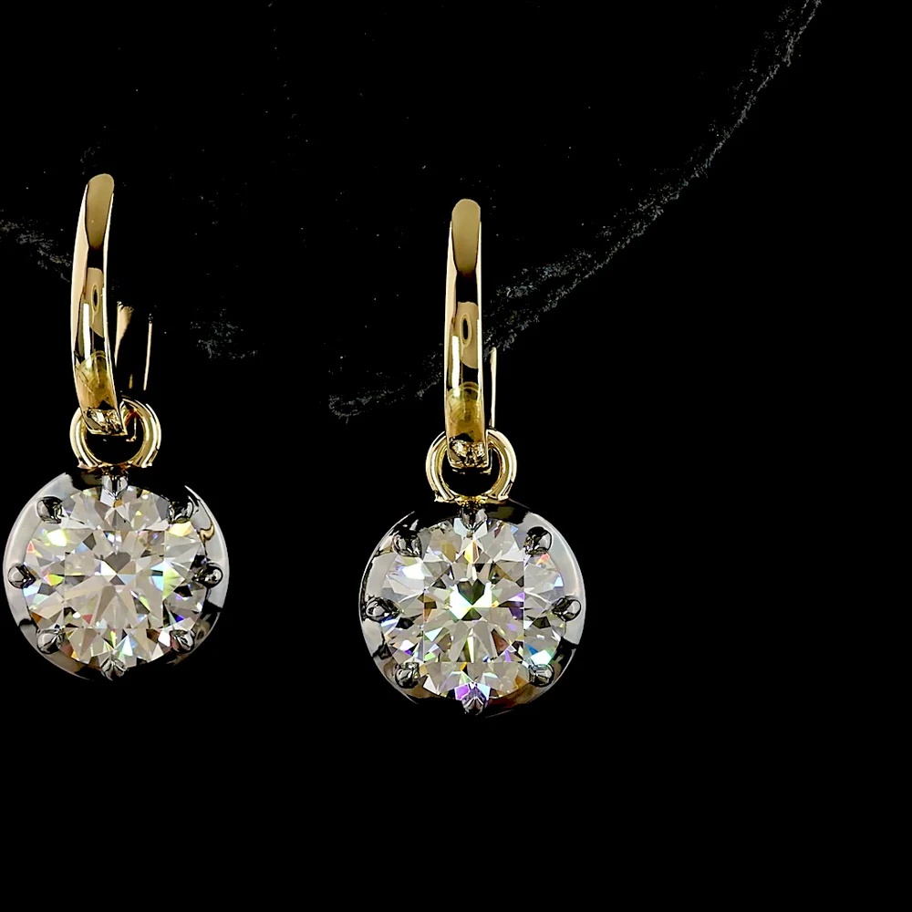 14K Yellow Gold Round Brilliant Lab Diamond Hanging Earrings with Black Rhodium Accents - 3.07 Carat Total Weight - Covaloro Fine Jewelry - Image 2