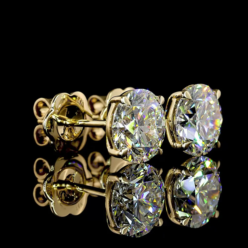 14K Yellow Gold Round Brilliant Stud Earrings with 3.53 Total Carat Lab Diamonds (1.76 Carat F VVS2 and 1.77 Carat E VS1) in Prong Settings - Covaloro Fine Jewelry - Image 2