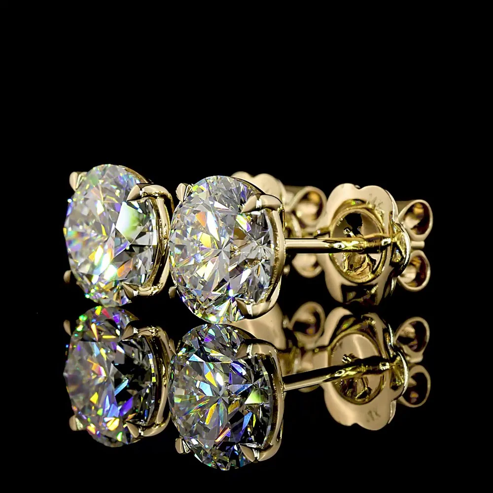 14K Yellow Gold Round Brilliant Stud Earrings with 3.53 Total Carat Lab Diamonds (1.76 Carat F VVS2 and 1.77 Carat E VS1) in Prong Settings - Covaloro Fine Jewelry - Image 3