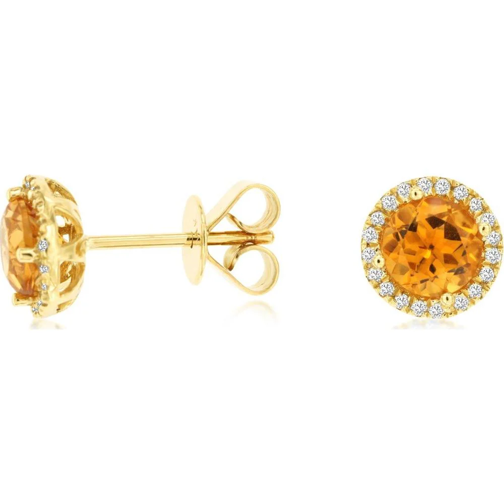 14K Yellow Gold Round Citrine Stud Earrings with Diamond Halo - 1.50 Carat Total Citrine Weight and 0.16 Carat Total Diamond Weight - Royal Jewelry
