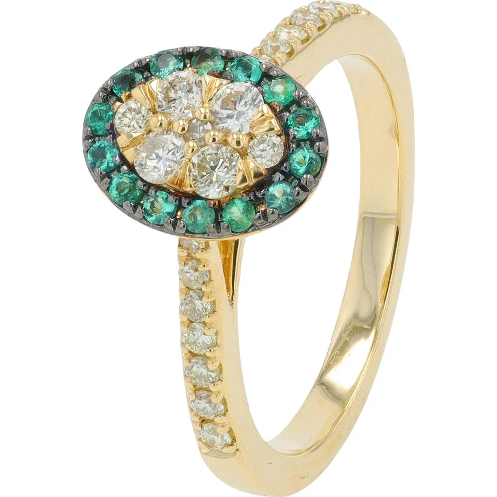 14K Yellow Gold Round Diamond and Emerald Halo Ring - 0.40 Carat Diamonds, 0.20 Carat Emeralds