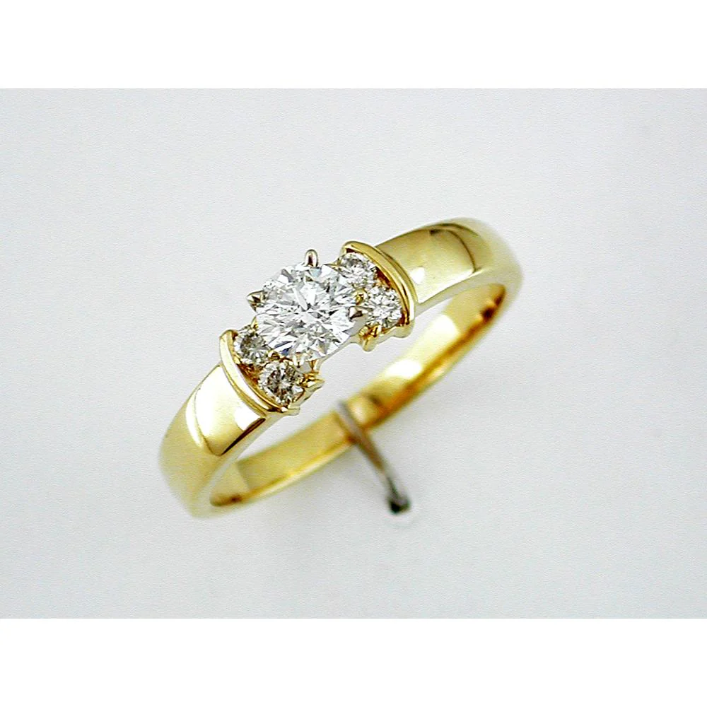 14K Yellow Gold Round Diamond Engagement Ring with 2 Side Diamonds - 0.50 Carats Total Diamond Weight - Royal Jewelry