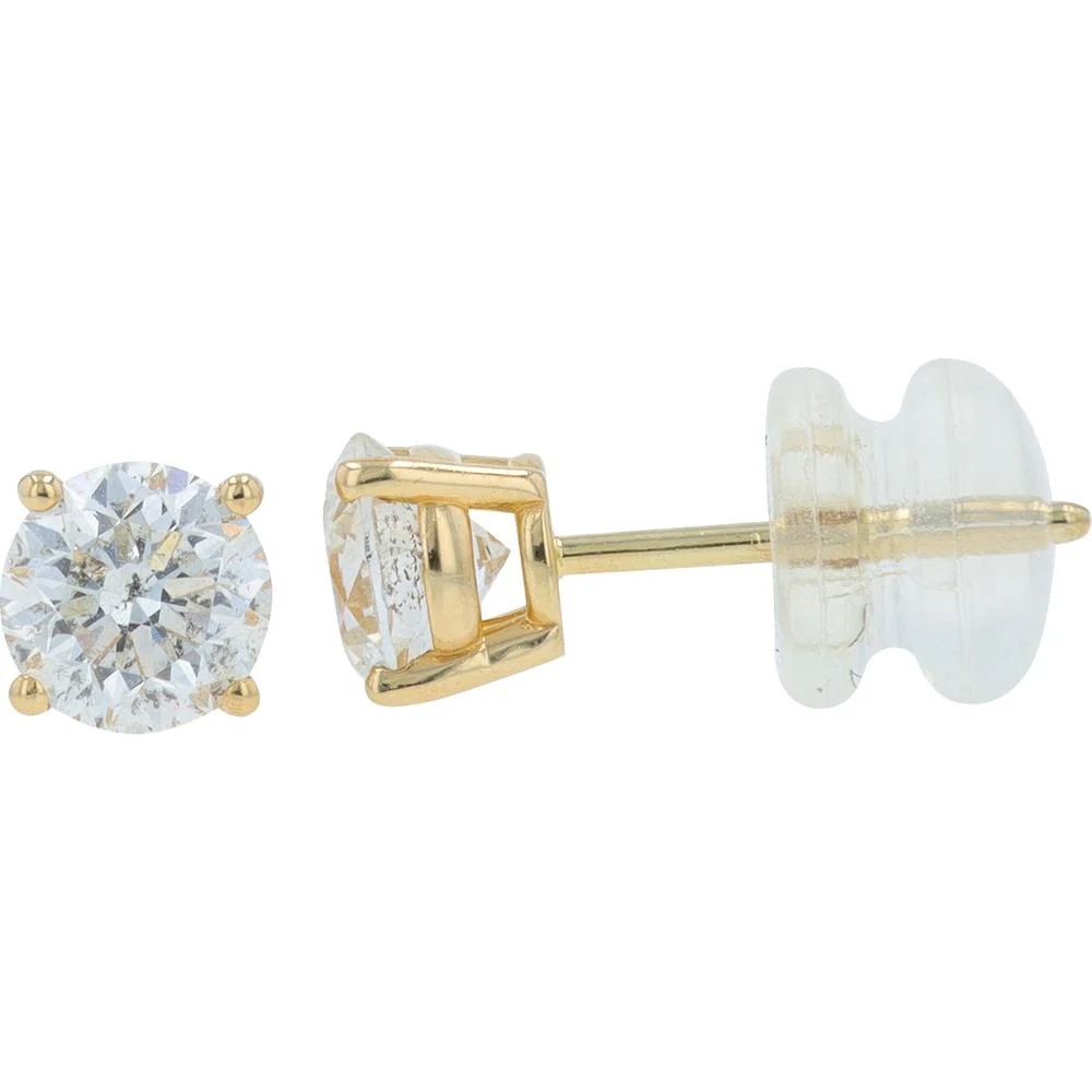 14K Yellow Gold Round Diamond Stud Earrings - 1.00 Carat Total Diamond Weight - Image 2