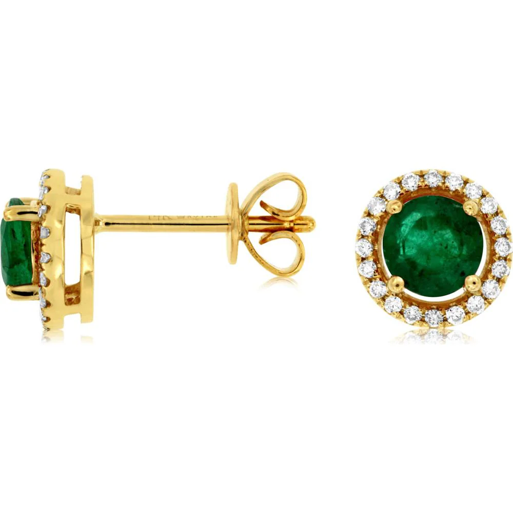 14K Yellow Gold Round Emerald and Diamond Halo Stud Earrings - 0.90 Carat Total Emerald Weight, 0.15 Carat Total Diamond Weight - Royal Jewelry