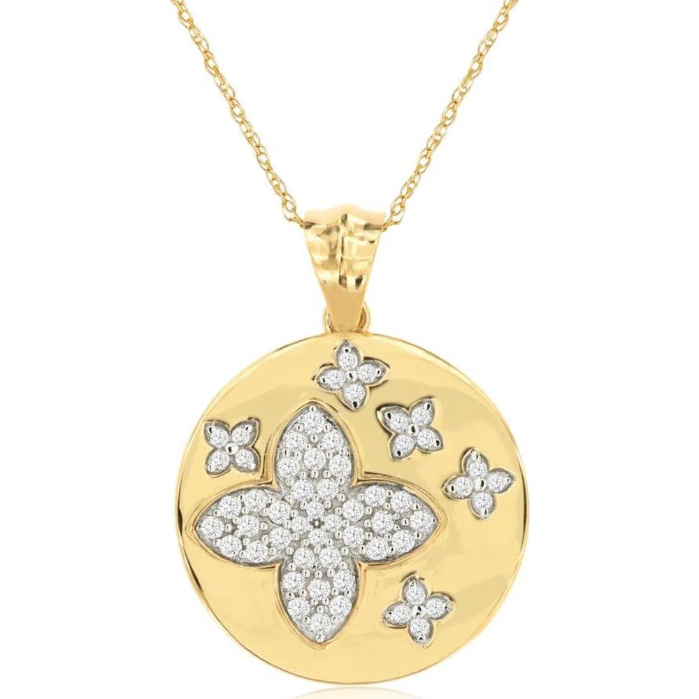 14K Yellow Gold Round Floral Disc Pendant with Round Diamonds - 0.33 Carat Total Diamond Weight - Royal Jewelry