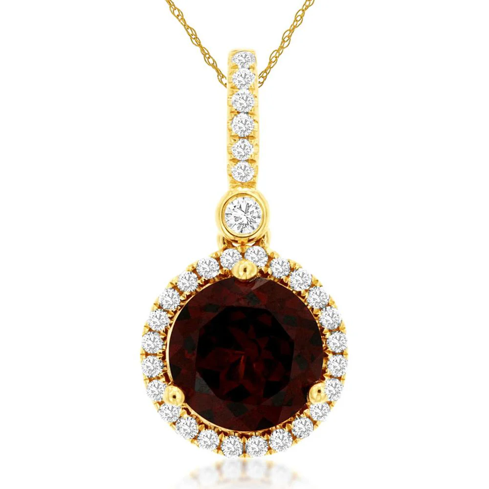 14K Yellow Gold Round Garnet Pendant with Diamond Halo & Diamond-Encrusted Bail - 1.50 Carat Garnet & 0.18 Carat Total Diamond Weight - Royal Jewelry