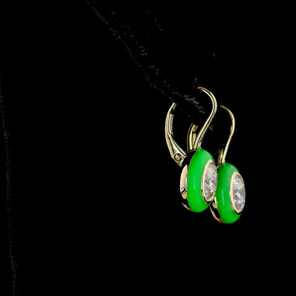 14K Yellow Gold Round Hanging Earrings with Bezel-Set Lab Diamonds and Green Enamel Halo - 2.04 Carats Total Diamond Weight - Covaloro Fine Jewelry - Image 3