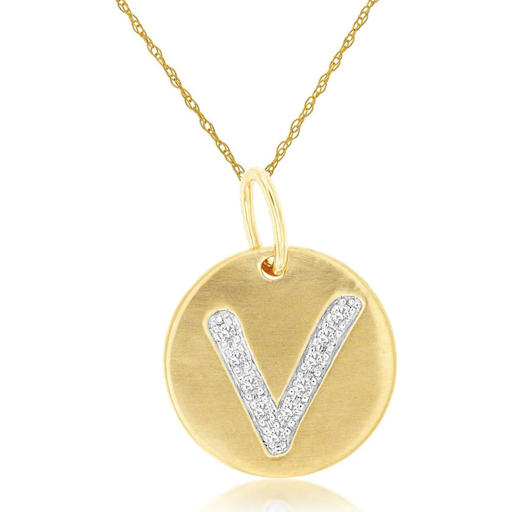 14K Yellow Gold Round Initial V Pendant with Diamond Letter Detail - 0.05 Carat Total Diamond Weight - Royal Jewelry