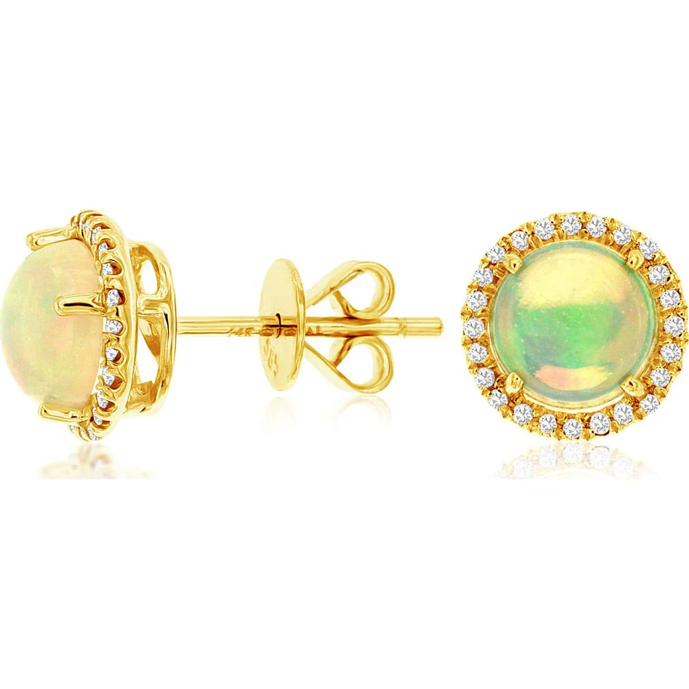 14K Yellow Gold Round Opal Halo Stud Earrings with Round Diamonds - 1.90 Carat Total Opal Weight & 0.15 Carat Total Diamond Weight - Royal Jewelry