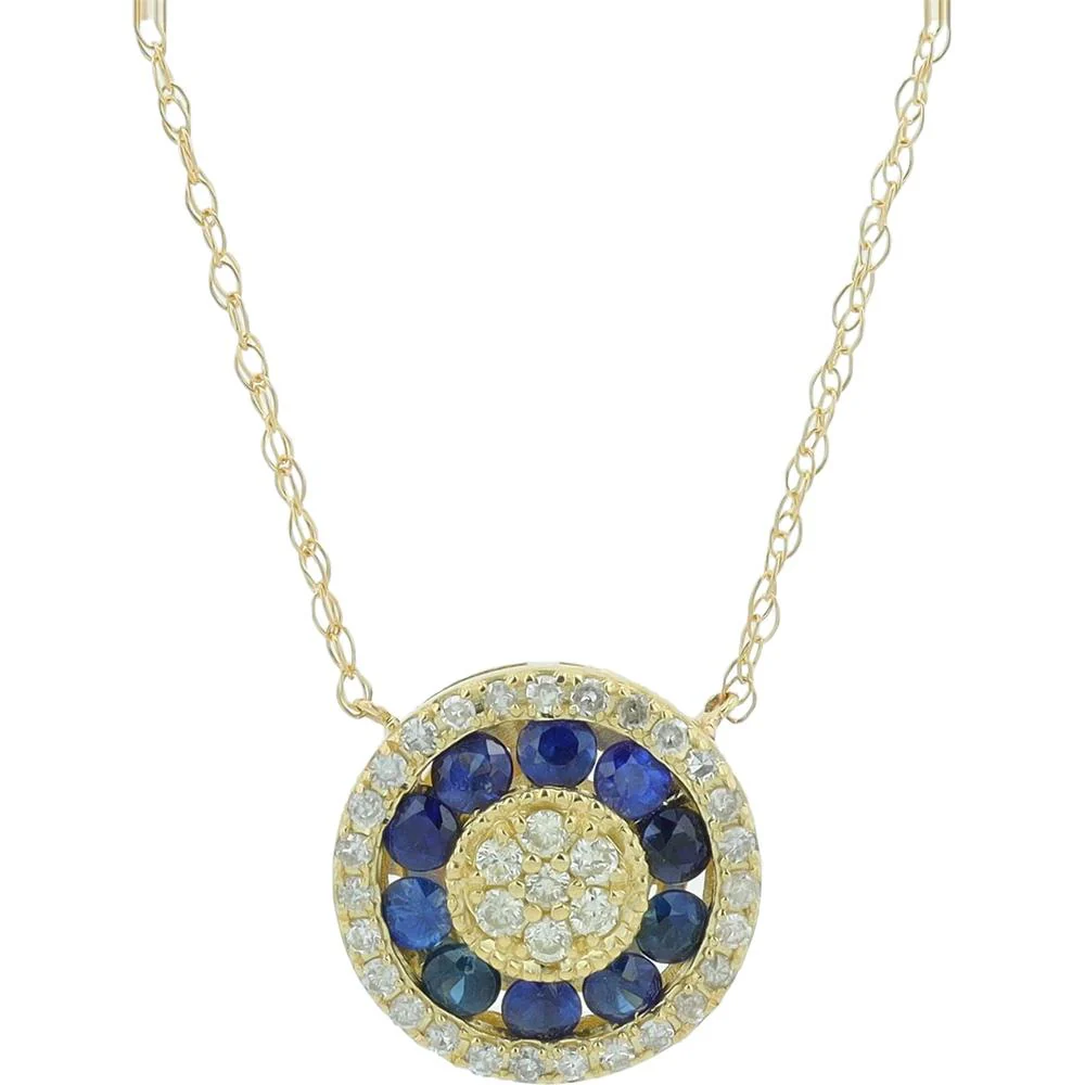14K Yellow Gold Round Pendant Necklace with 0.25 Carat Sapphires and 0.13 Carat Diamond Halo