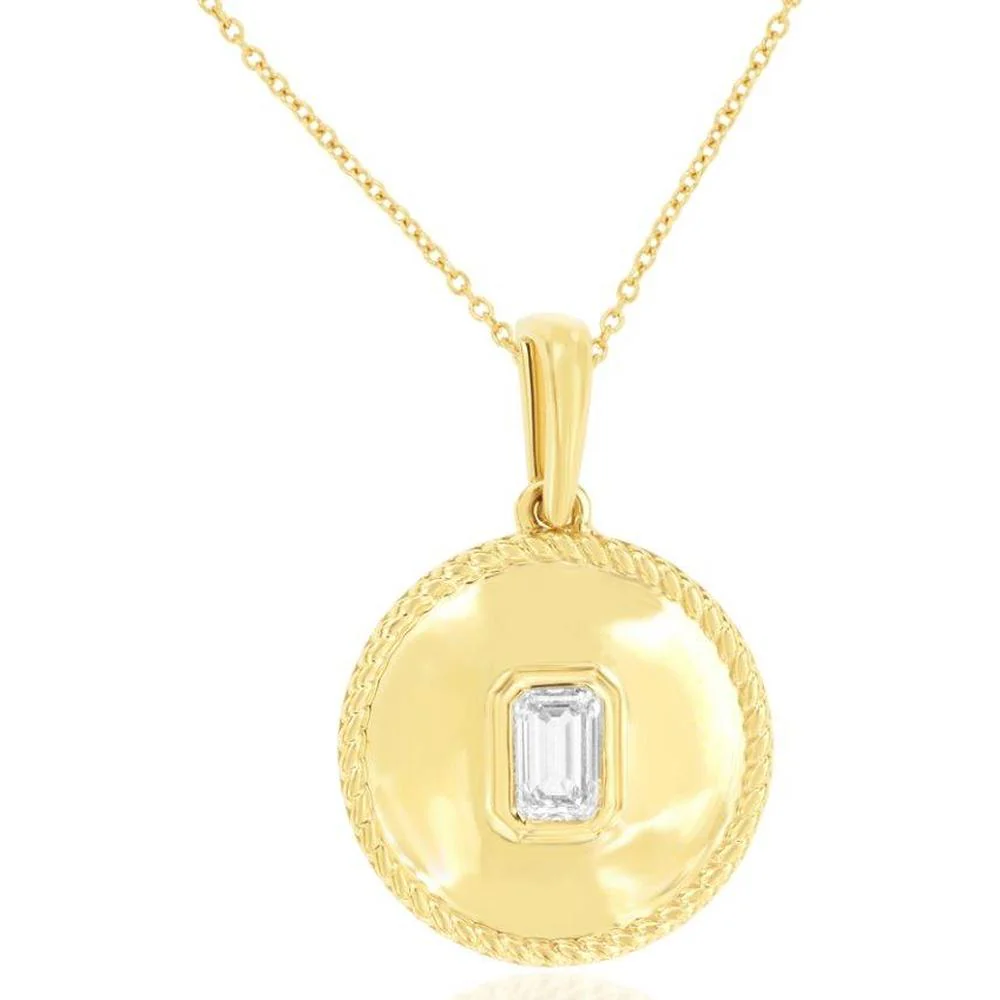 14K Yellow Gold Round Pendant Necklace with Bezel-Set Emerald Cut Diamond - 0.24 Carat Total Diamond Weight - Royal Jewelry