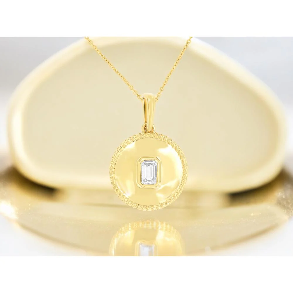 14K Yellow Gold Round Pendant Necklace with Bezel-Set Emerald Cut Diamond - 0.24 Carat Total Diamond Weight - Royal Jewelry - Image 2