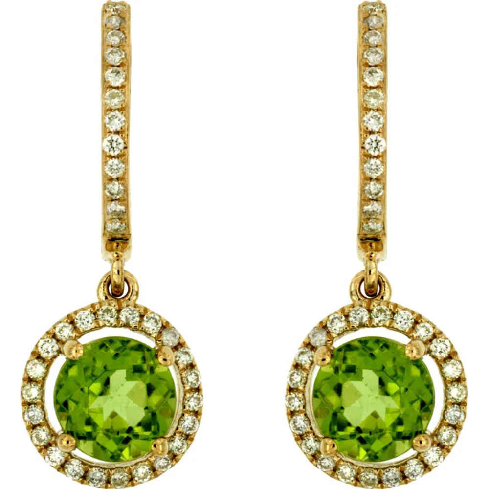 14K Yellow Gold Round Peridot and Diamond Halo Drop Earrings - 1.85 Carat Total Peridot Weight and 0.26 Carat Total Diamond Weight - Royal Jewelry