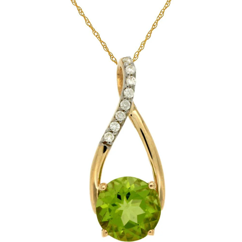 14K Yellow Gold Round Peridot Pendant with Diamond Accent Curve - 1.40 Carat Peridot and 0.05 Carat Total Diamond Weight - Royal Jewelry