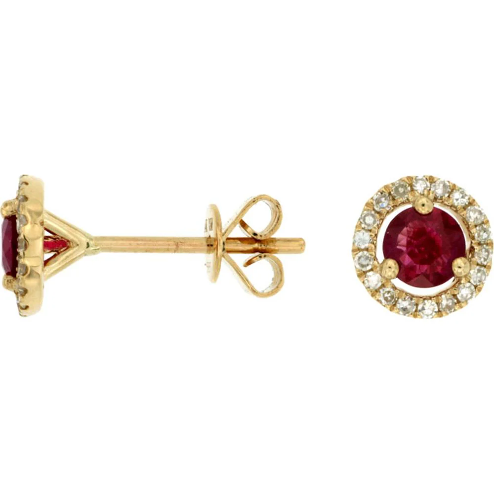 14K Yellow Gold Round Ruby Stud Earrings with Diamond Halo - 0.80 Carat Total Ruby Weight and 0.14 Carat Total Diamond Weight - Royal Jewelry
