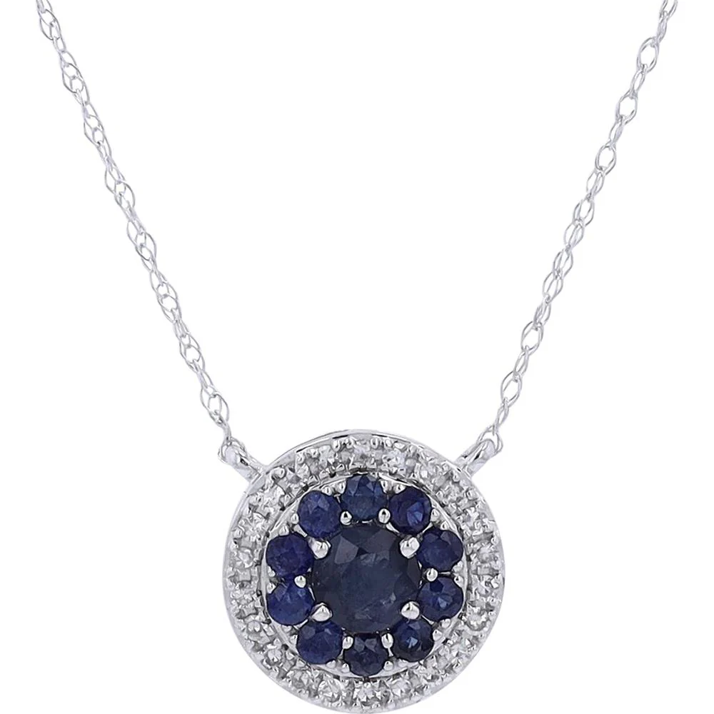 14K Yellow Gold Round Sapphire & Diamond Halo Pendant Necklace - 0.50 - 0.65 Carat Sapphire, 0.12 Carat Diamonds