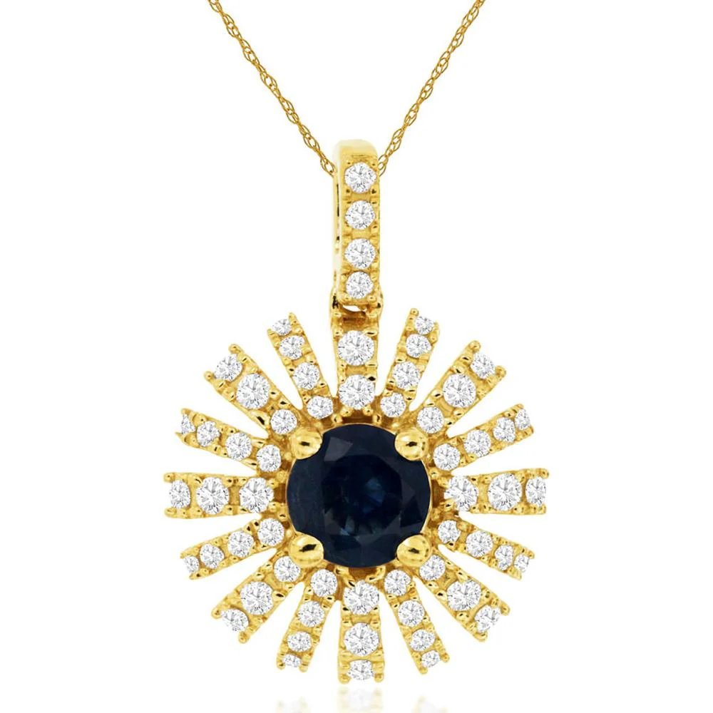 14K Yellow Gold Round Sapphire and Diamond Starburst Pendant - 0.55 Carat Sapphire and 0.33 Carat Total Diamond Weight - Royal Jewelry