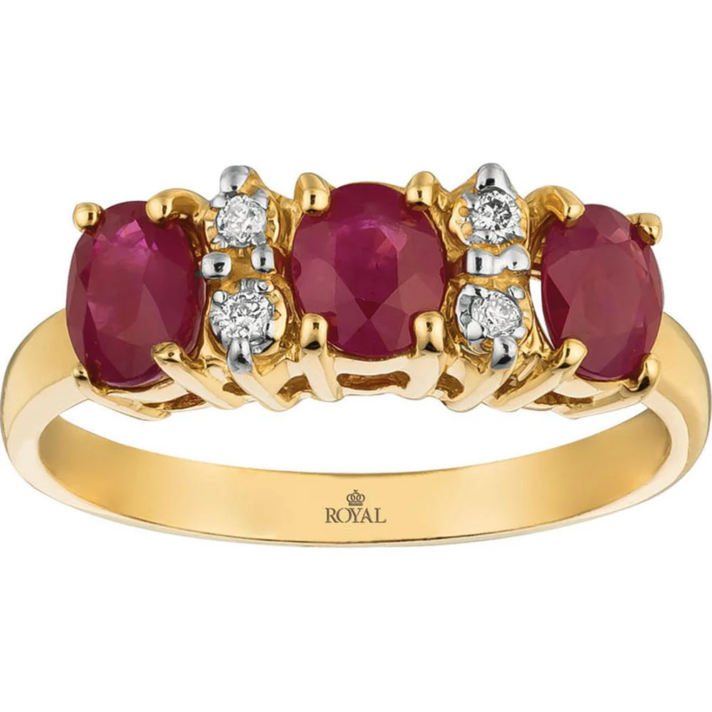 14K Yellow Gold Ruby & Diamond Band with Oval Rubies - 1.20 Carats Ruby, 0.06 Carats Diamonds - Royal Jewelry